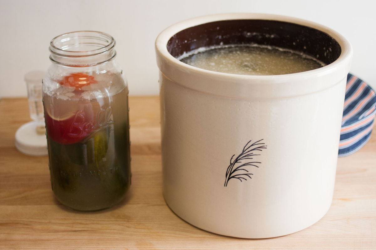 Pickles in a crock and a jar