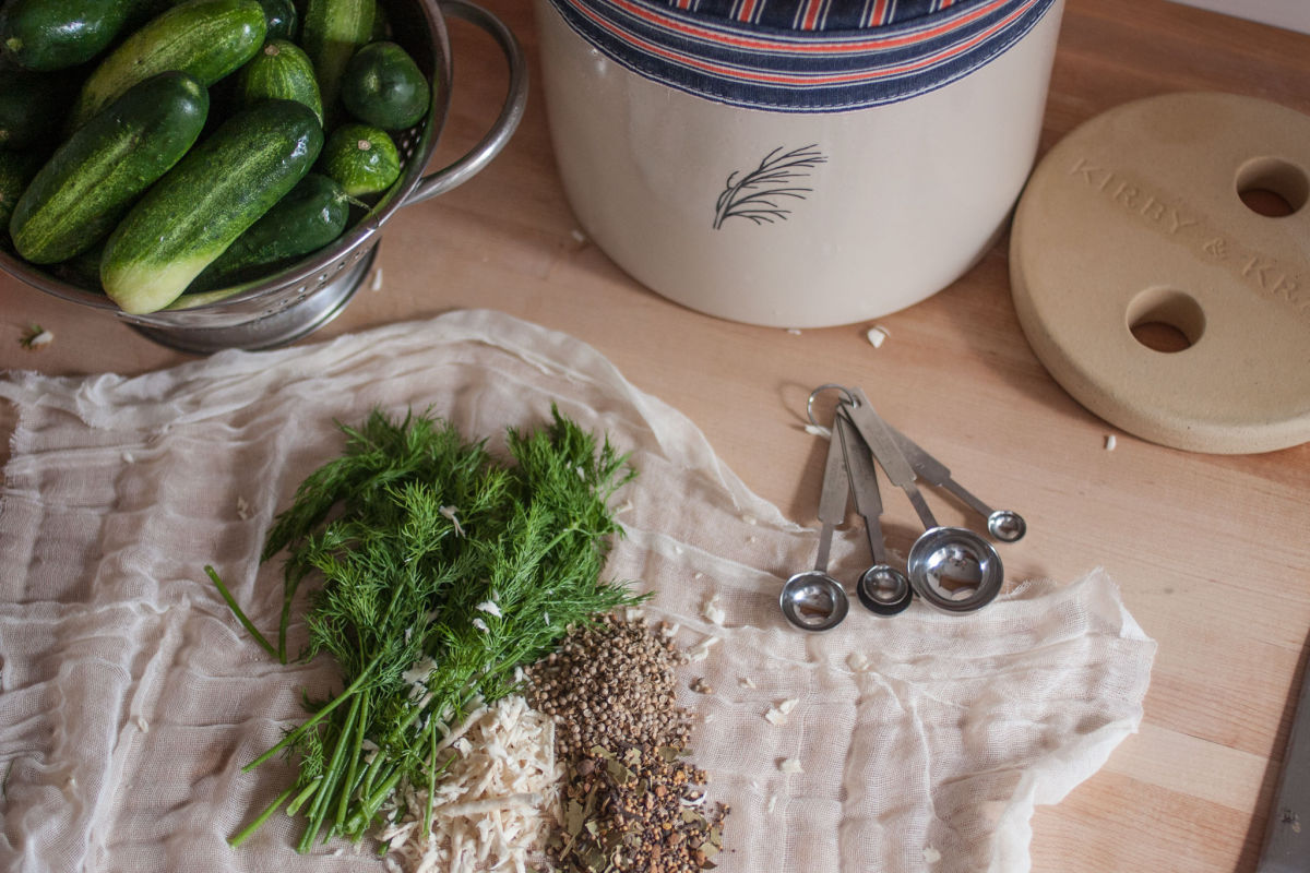 Fermenting pickles in a crock